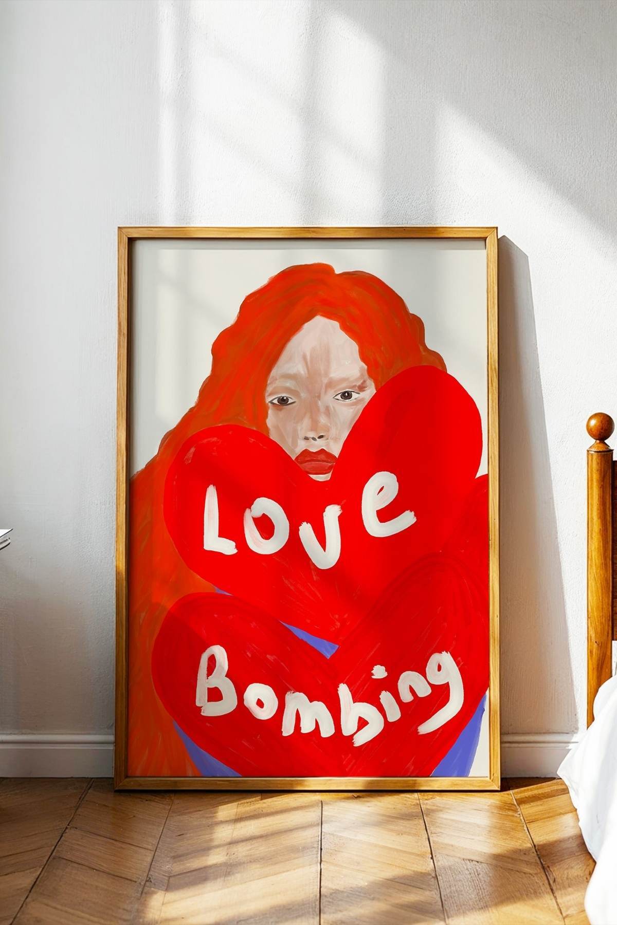Kırmızı Kalpli Kadın Tablo Love Bombing Yazılı Poster Modern Duvar Dekoru Çerçevesiz