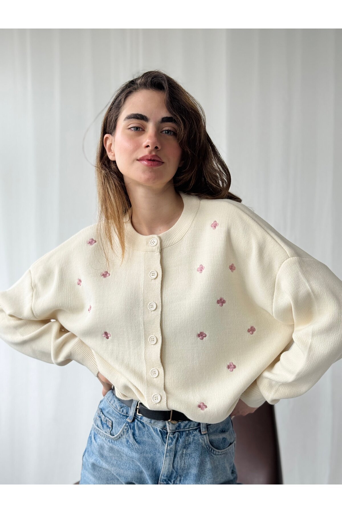 Retrobird  Nakış İşlemeli Romantik Hırka Kadın Krem Lila - Görsel 5