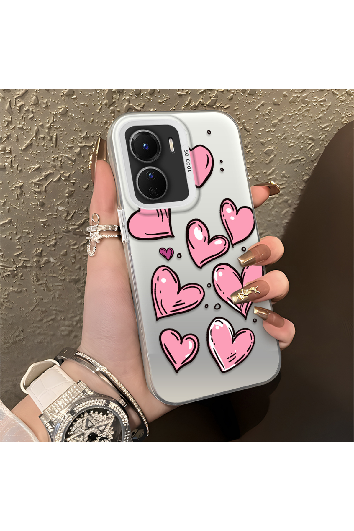 Vivo Y16 Compatible Silicone Edge Hard Back Anti Fall Phone Case with Heart Pattern
