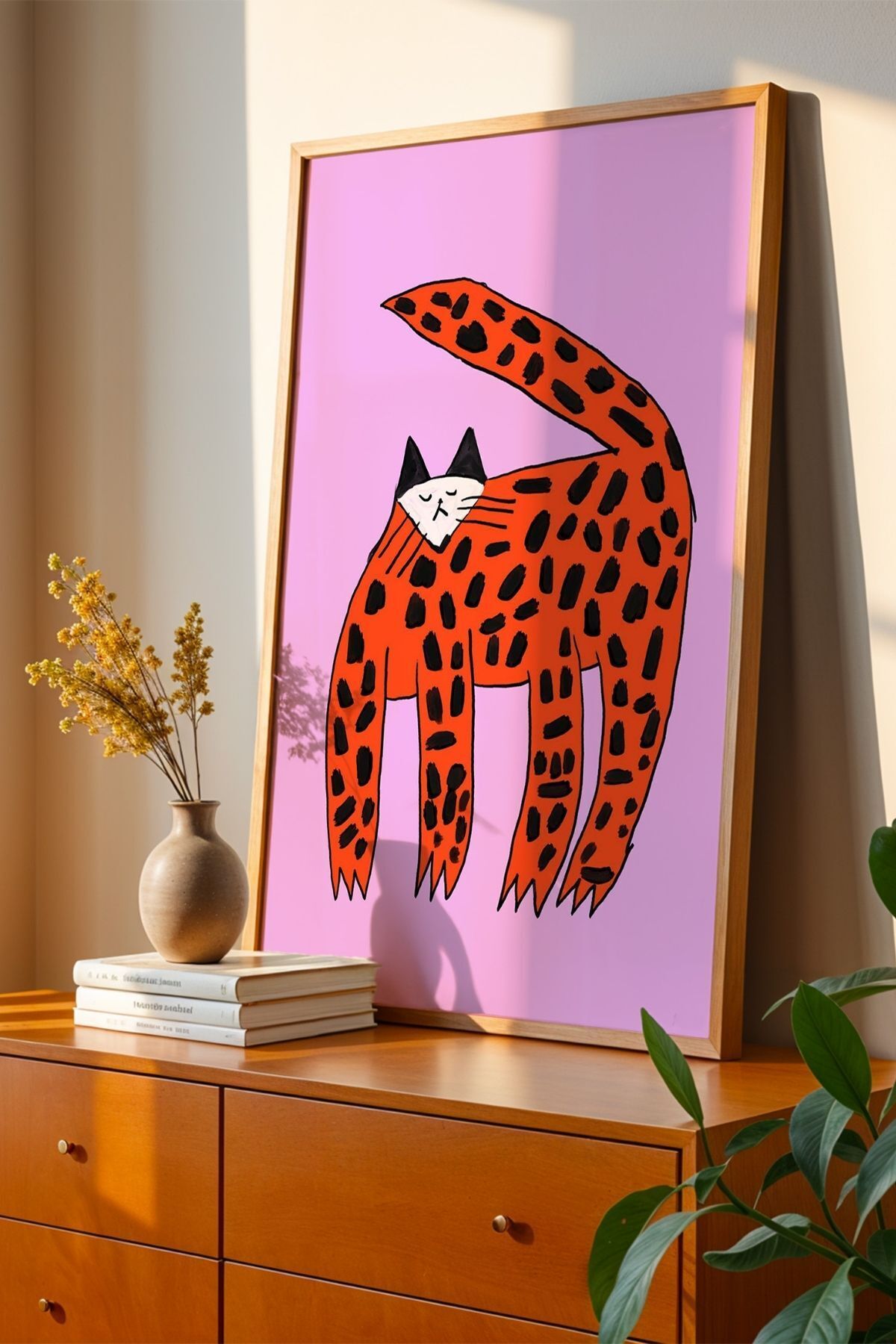 Leopar Desenli Kedi Figürlü Modern Poster Duvar Dekoru