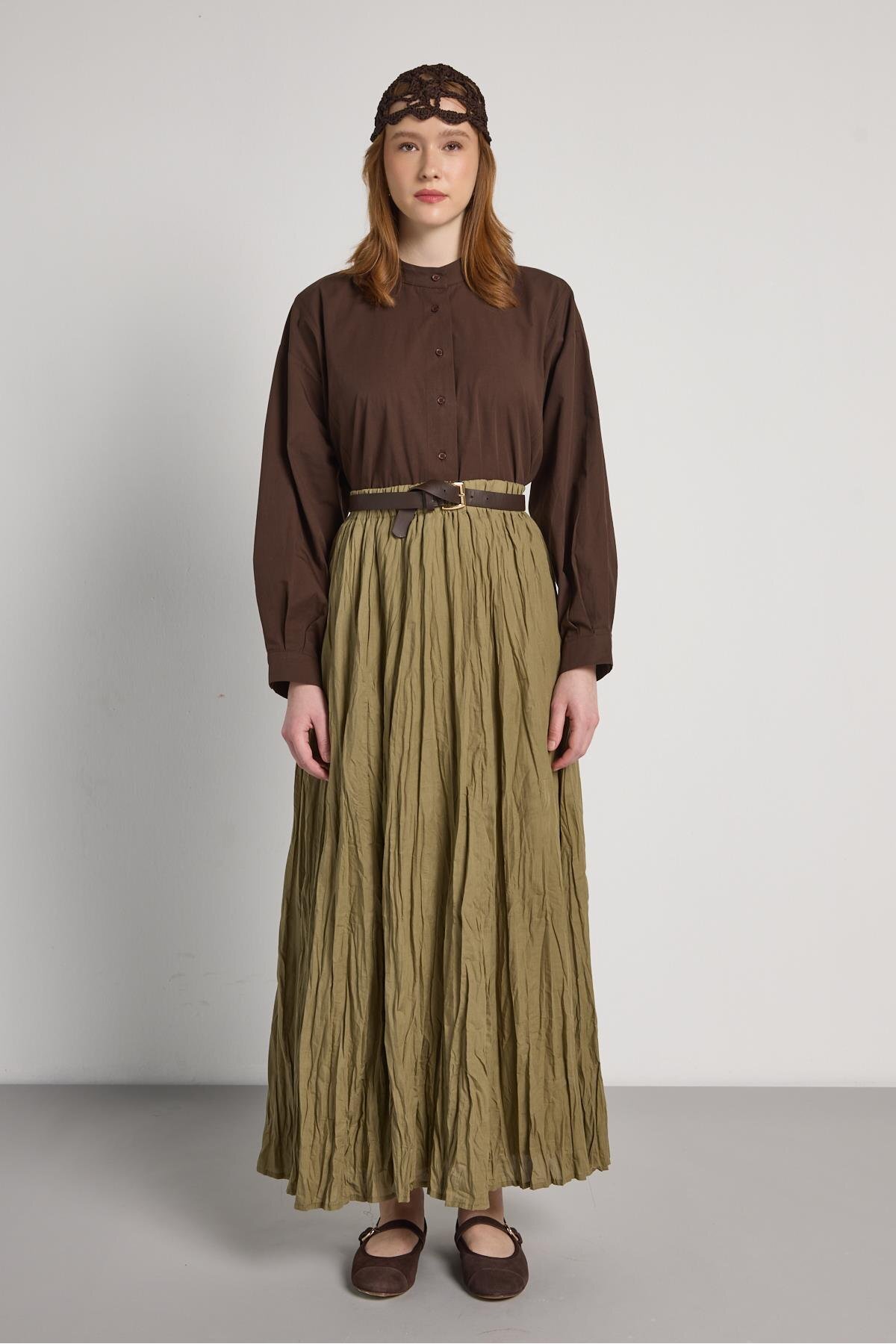 minaaise  Kadın Haki Vual Kumaş Kırışık Uzun Astarlı Etek 29062 - Görsel 5