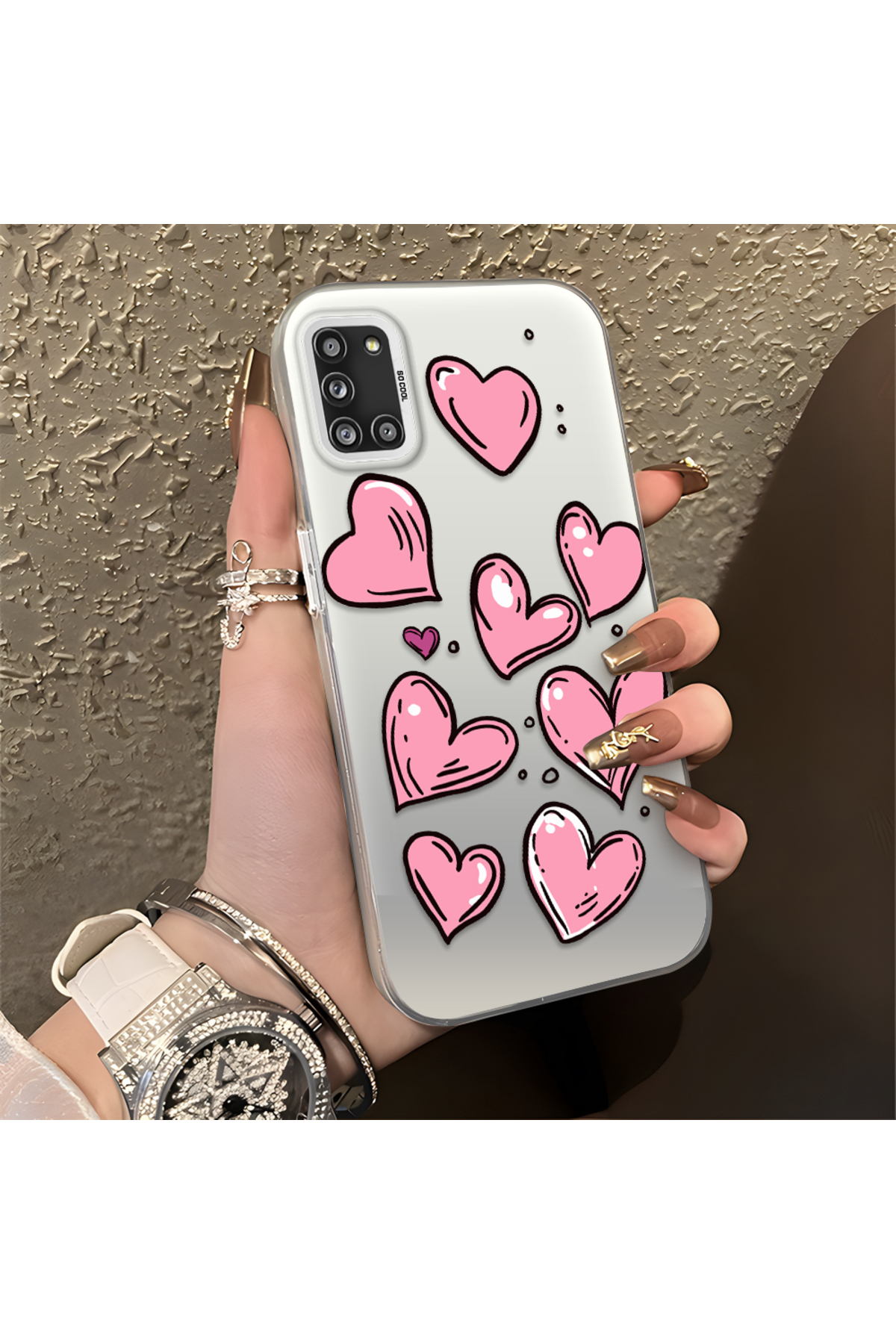 Samsung Galaxy A31 Compatible Silicone Edge Hard Back Anti Fall Phone Case with Heart Pattern