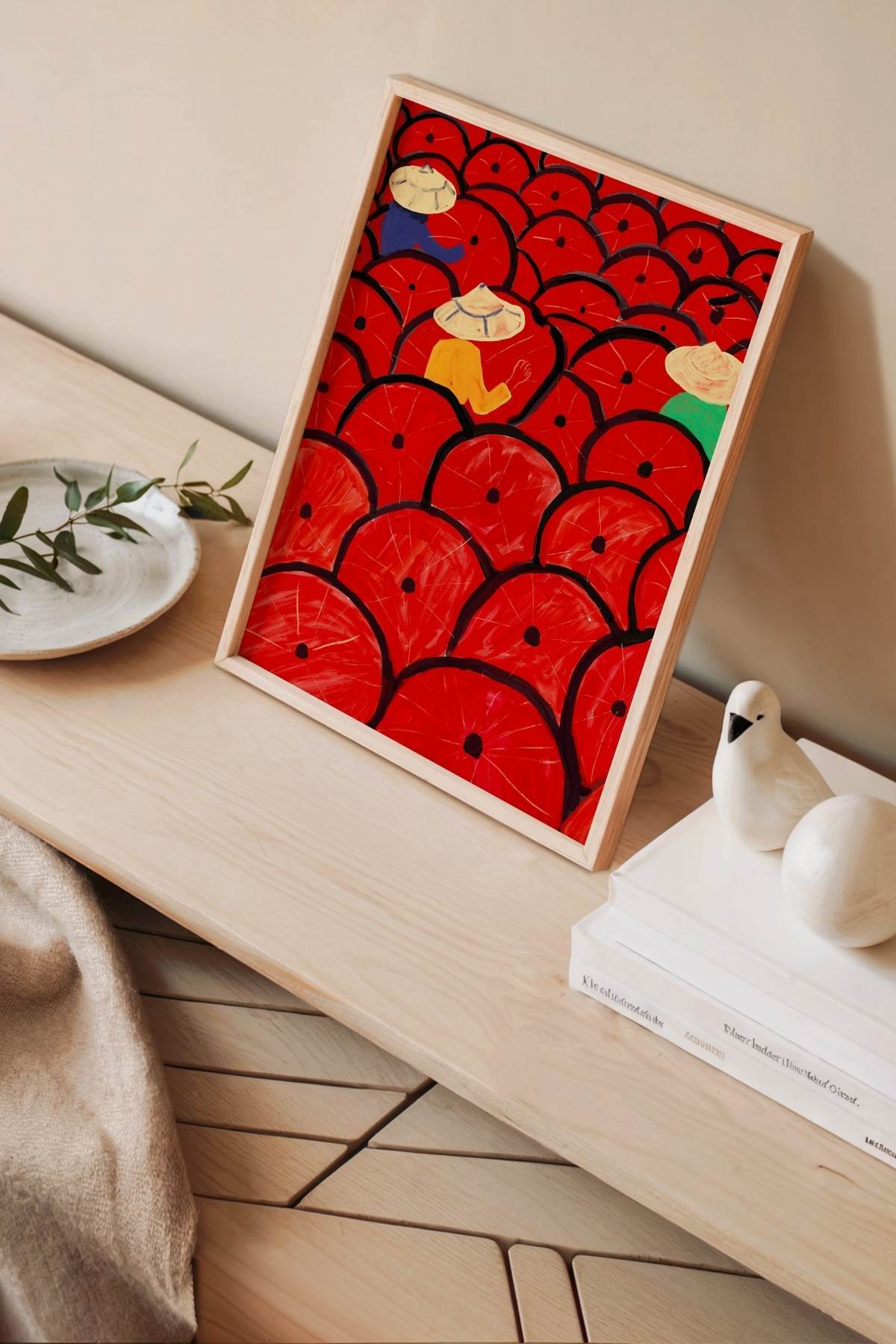 Kırmızı Tarlada Çalışan Kadın Figürlü Tablo Modern Poster Duvar Dekoru Çerçevesiz