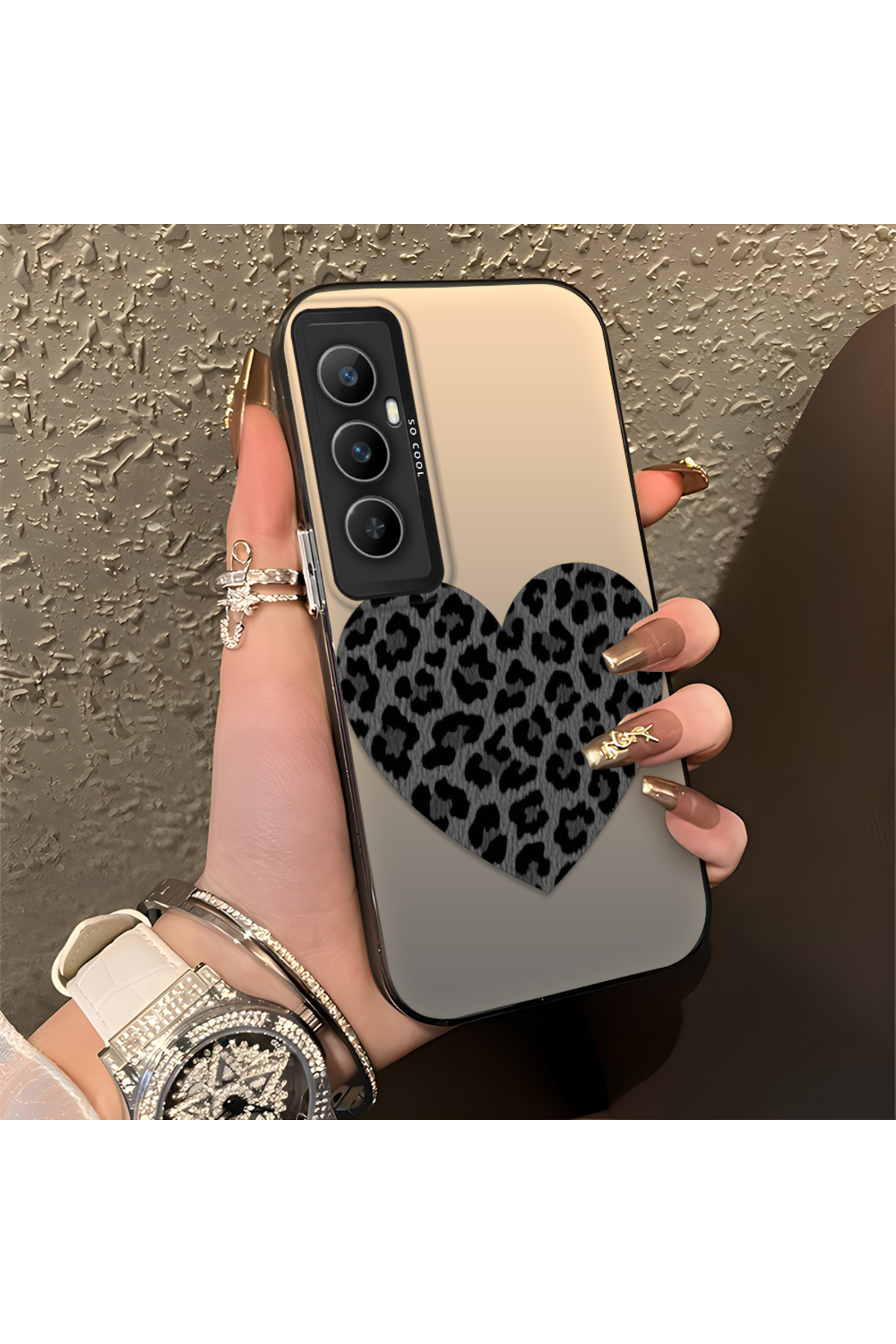 Realme C65 Compatible Silicone Edge Hard Back Anti Fall Phone Case Leopard Heart Patterned
