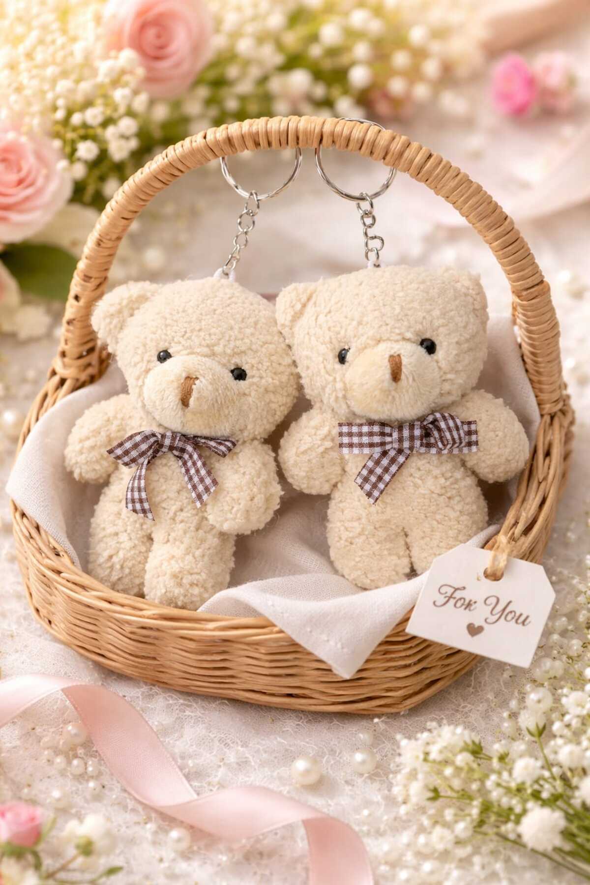2-Piece Cute Teddy Bear Keychain Set - Gift Character Pair