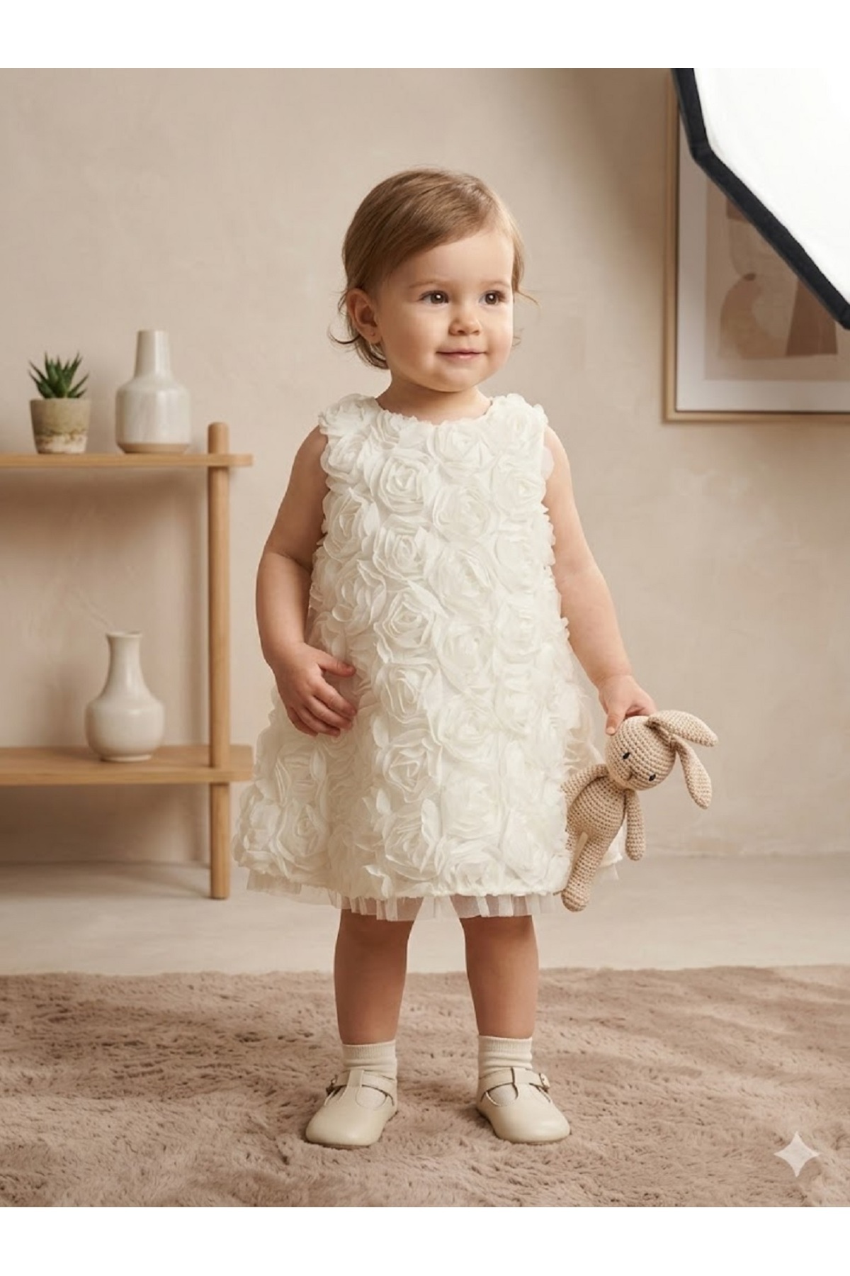 Cumino Kız bebek 3 boyutlu çiçekli abiye elbise 2 parça külot elbise arkası fiyonklu fotoğrafı 2 (önizleme)