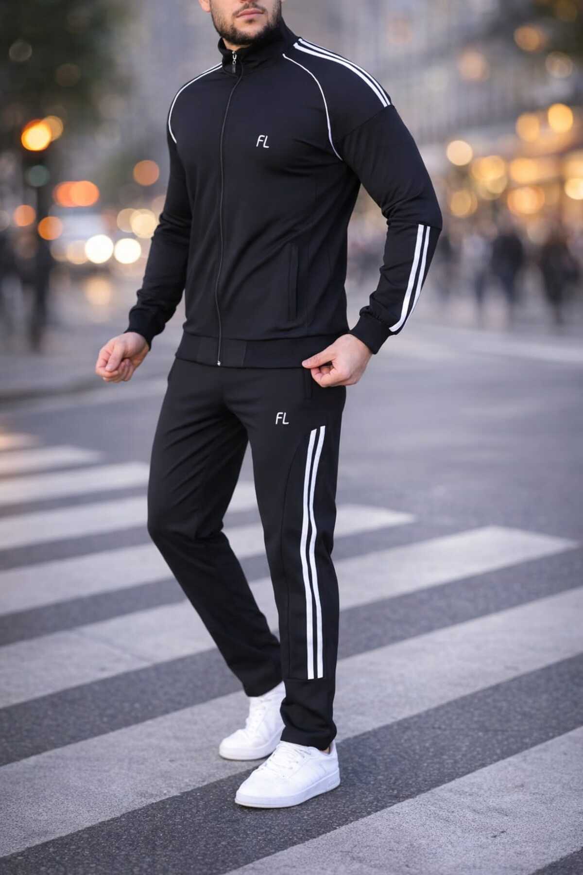 ست لباس ورزشی مردانه زیپ دار یقه پایه مدل جدید Comfort Fit Basic — مشکی dlgçerkek — تصویر 2 از 8