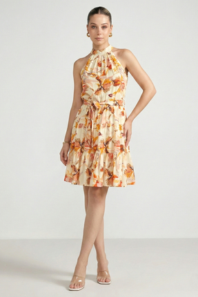 Aryena Bel Kuşaklı Desenli Premium Viskon Elbise