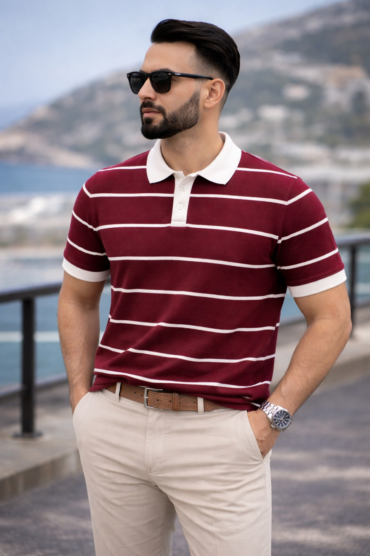 DepoExport  Erkek Çizgili Polo Yaka T-Shirt Slim Fit Pamuklu Günlük & Smart Casual