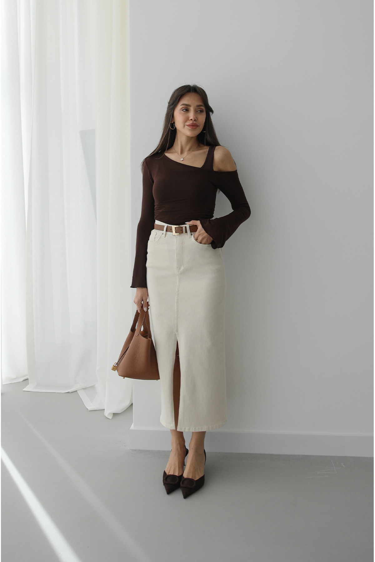 Beige Front Slit Belted Denim Skirt