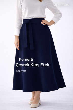 MUBEON Kemerli Çeyrek Kloş Etek Lacivert Yüksek Bel Günlük Şık Tesettür Etek