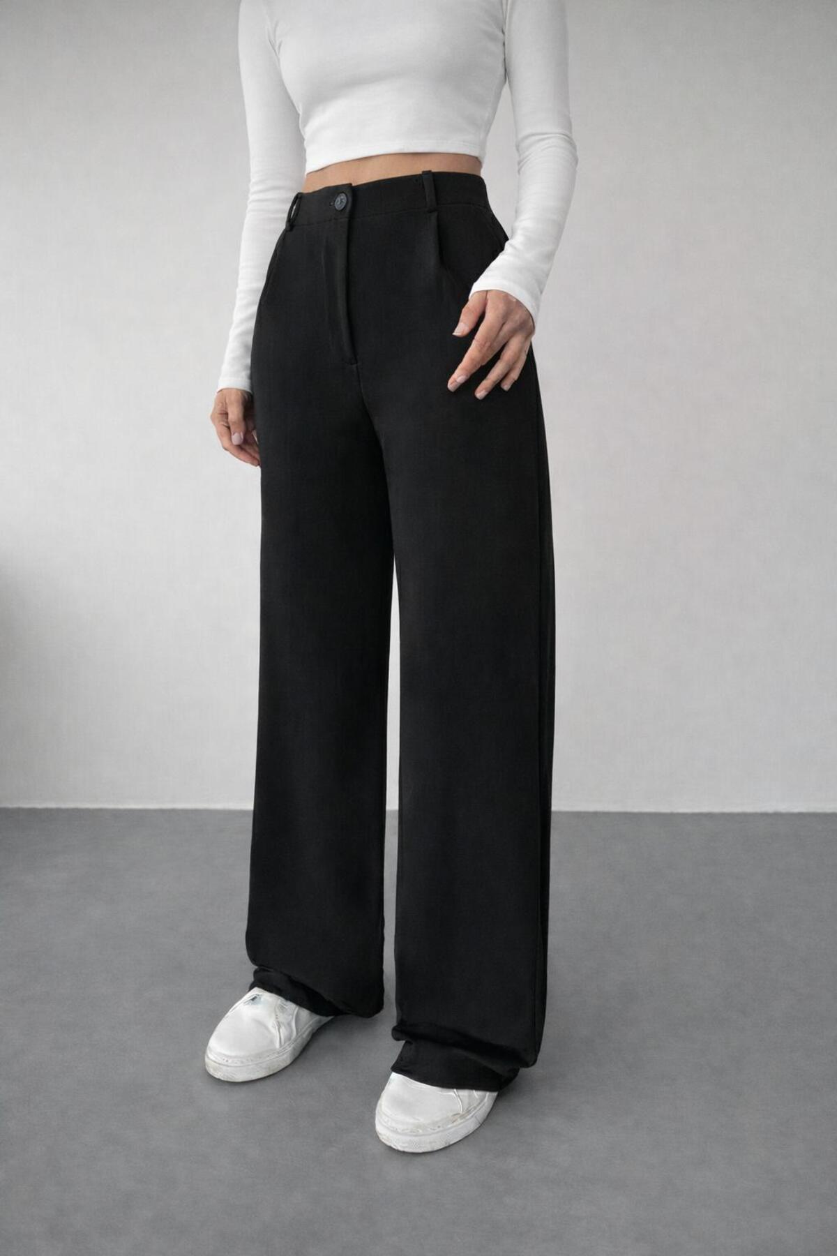 glanour Ženske crne palazzo hlače od likre široke nogavice