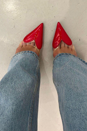 TrendyAnka Lady Rugan Şeffaf Kalp Model 8 Cm Sivri Burunlu İnce Topuklu Kalpl...