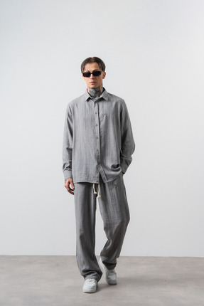 Respire Erkek R Nakışlı Oversize Gömlek Pantolon Takım Gri