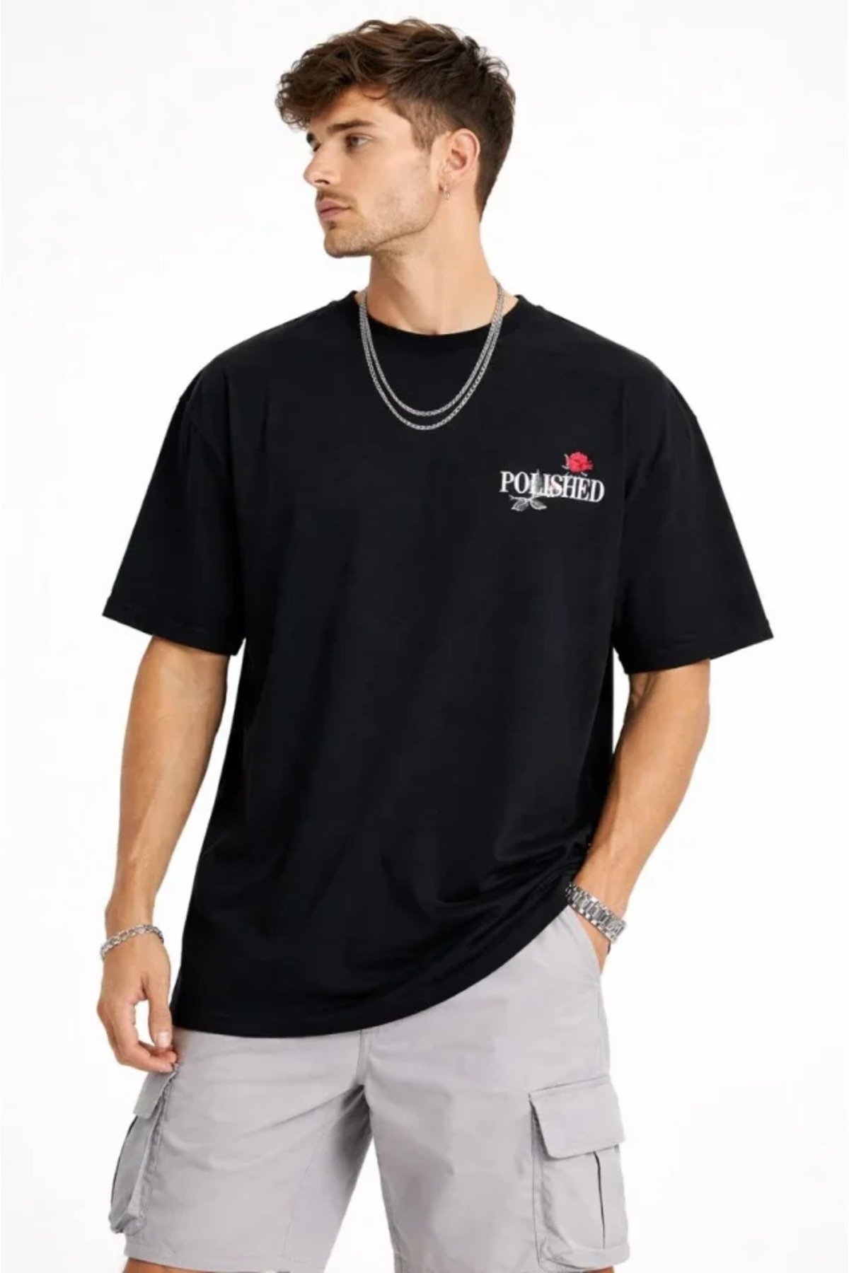 Erkek Bisiklet Yaka Baskılı Kısa Kollu Tişört Streetwear Günlük Basic Pamuklu T-shirt