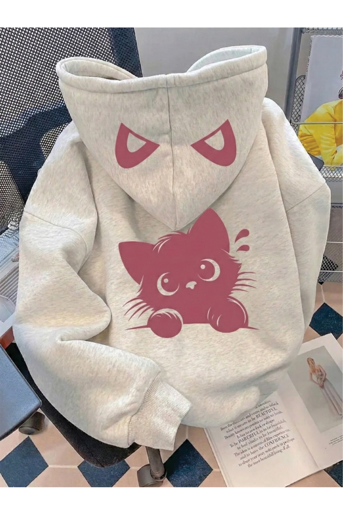 Marco Fresco  Kadınlar İçin Kedi Baskılı Oversize Sweatshırt