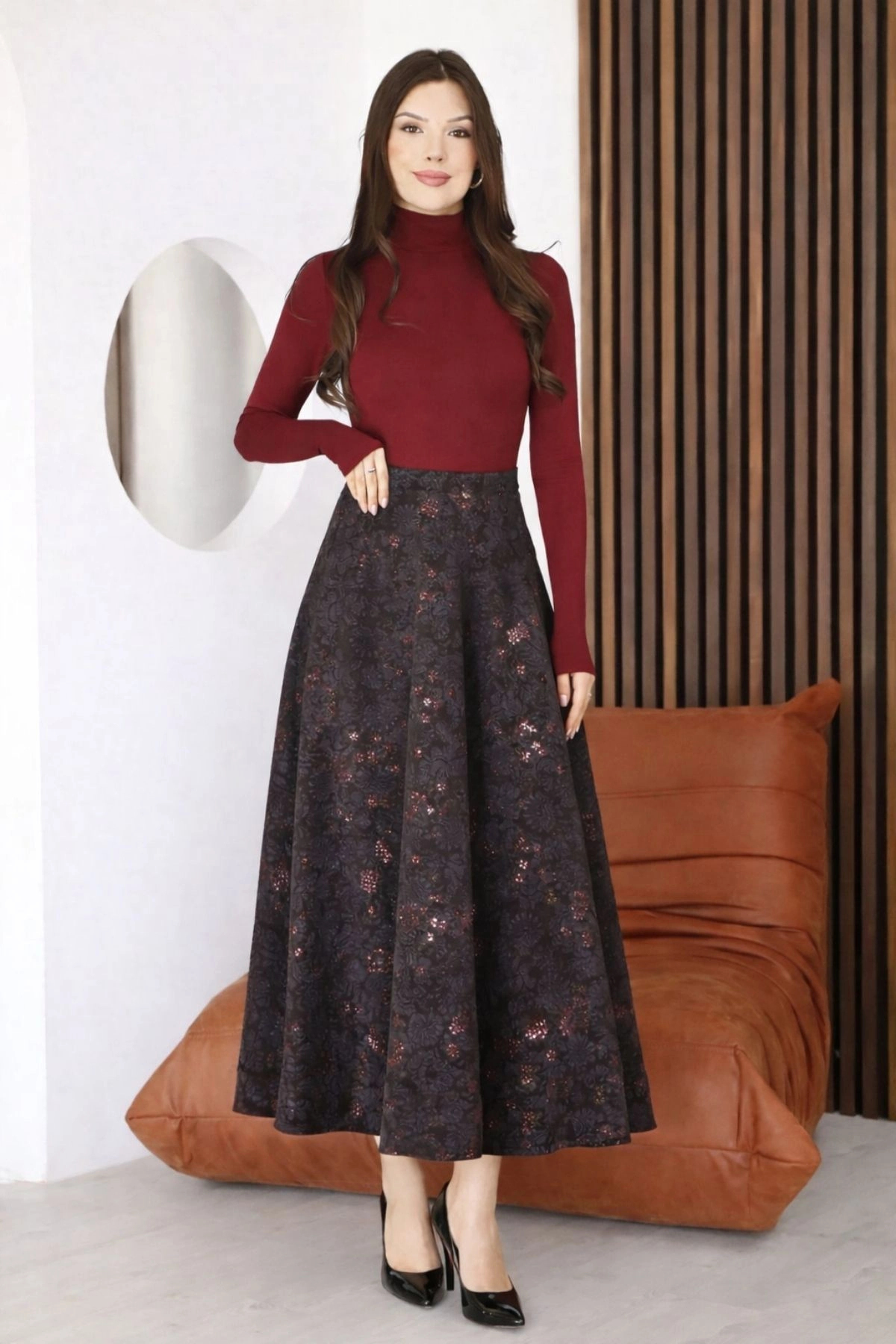 lodmela  Baskılı ve Payetli Kadife Uzun Kloş Etek 6079-Kahve/İndigo