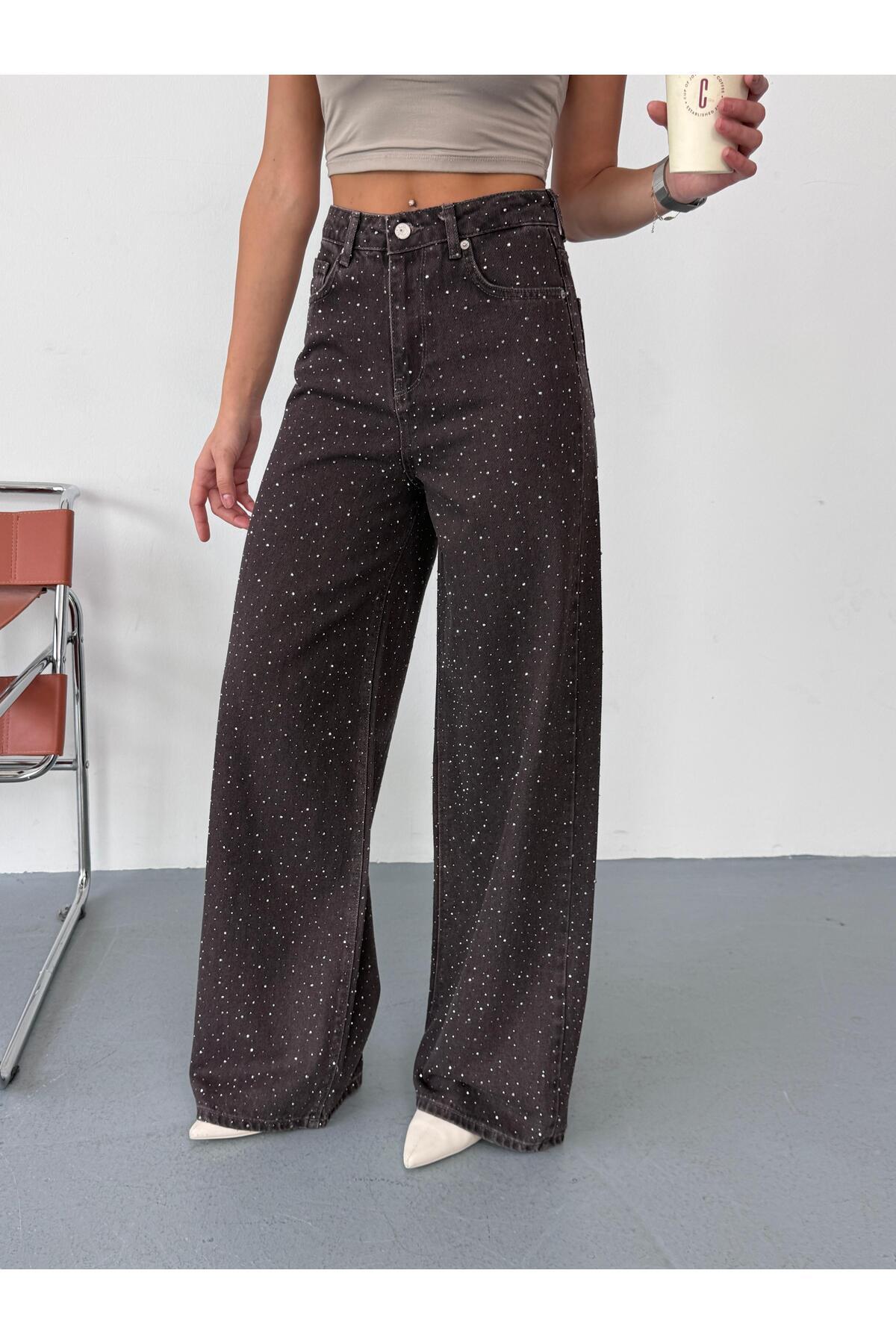 Vooz  Kadın Taşlı Baggy Jean Yüksek Bel Bol Paça Pantolon Kahverengi - Görsel 5
