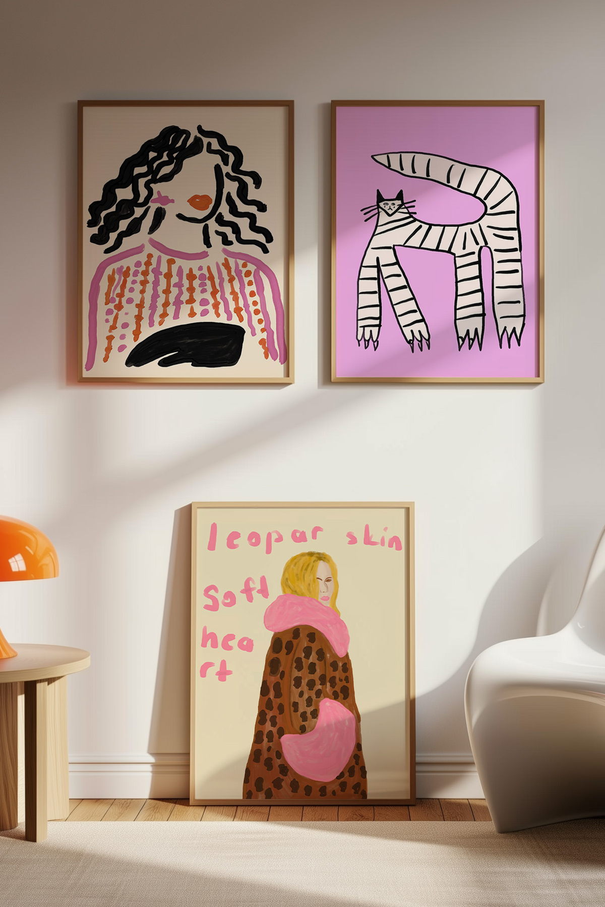3’lü Kadın ve Kedi İllüstrasyon Tablo Poster Seti Çerçevesiz