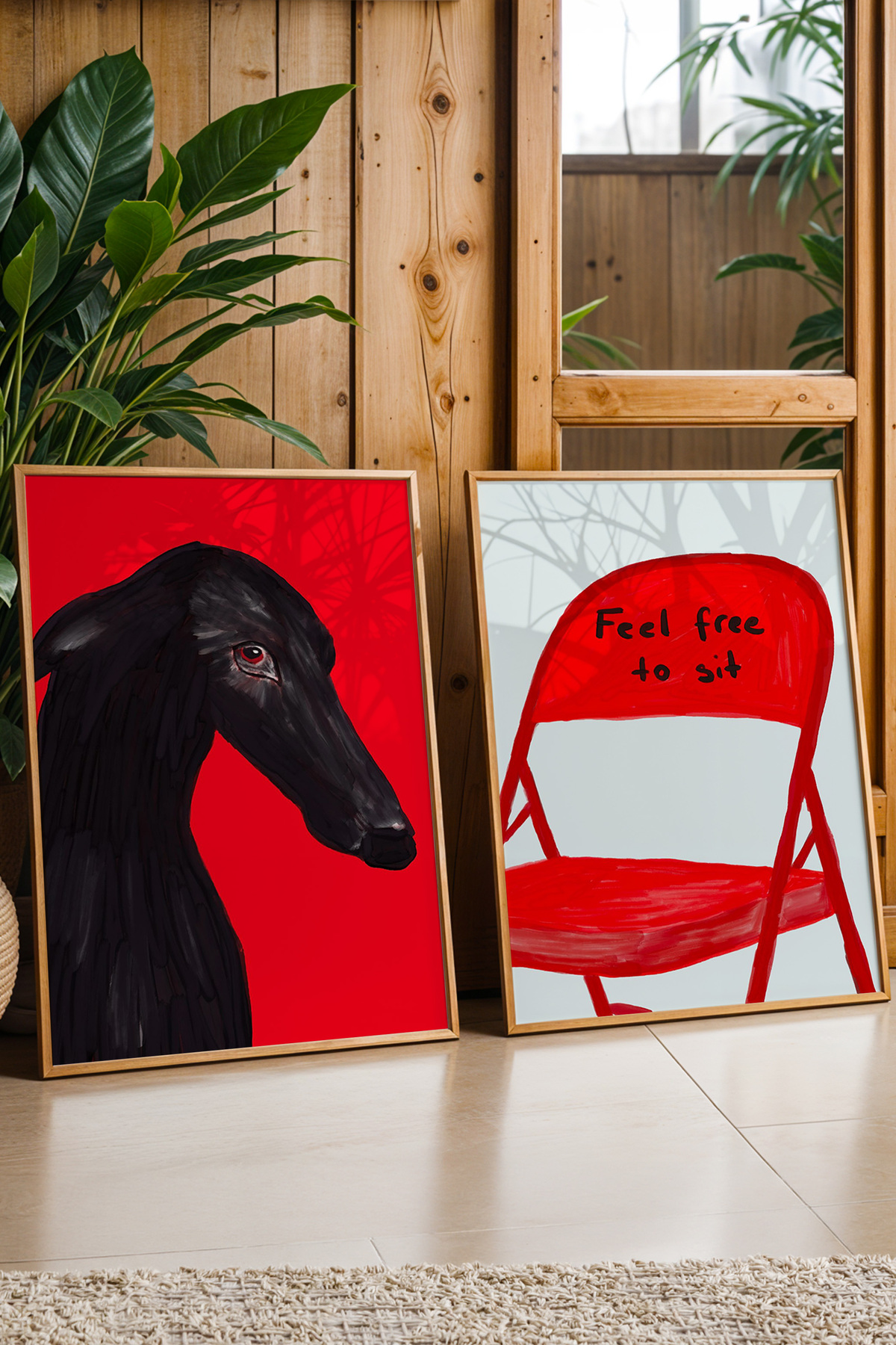 2’li Kırmızı Tablo Poster Seti Yazılı Sandalye ve Siyah Köpek Figürlü Çerçevesiz