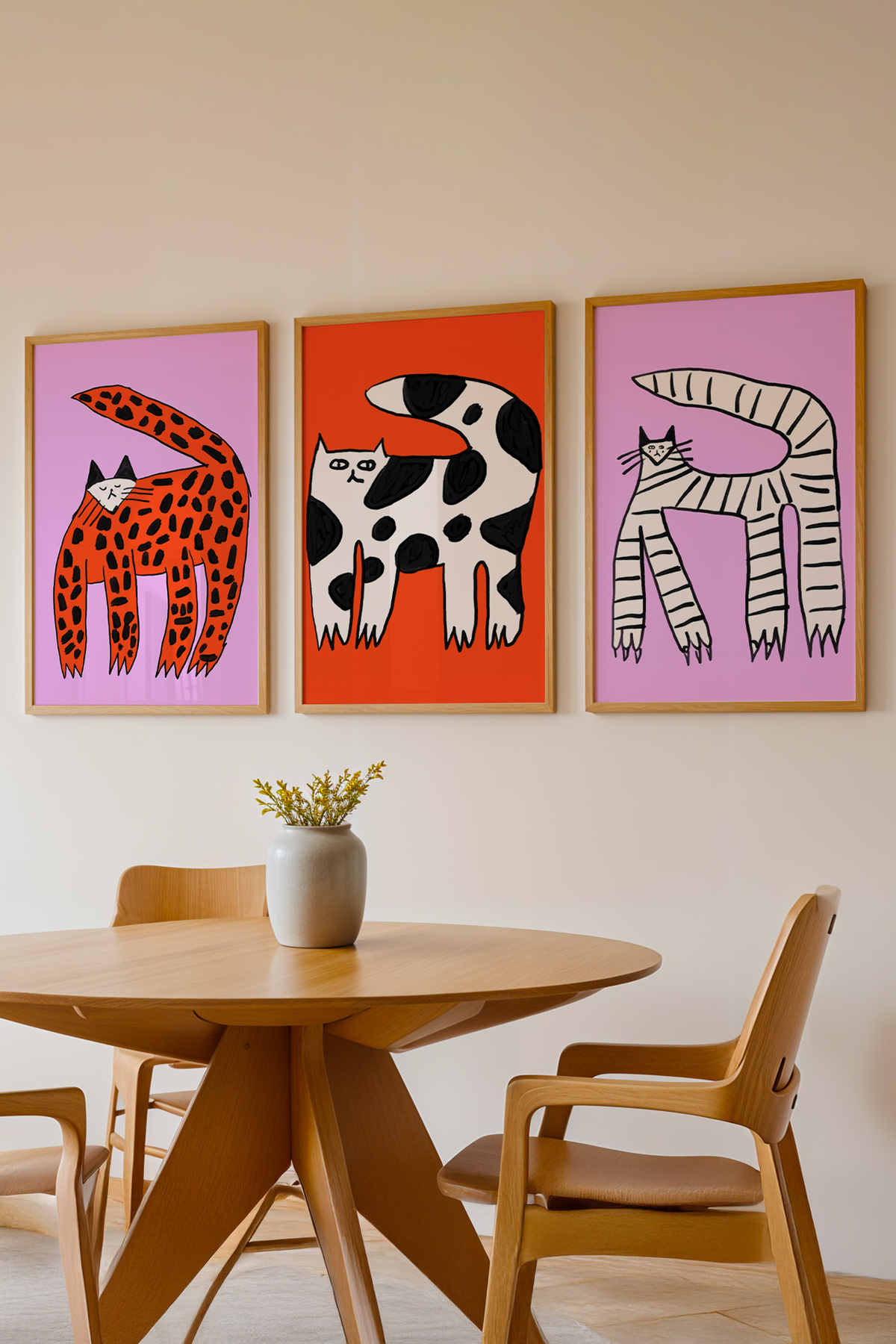 3’lü Kedi İllüstrasyon Tablo Poster Seti Çocuk Odası Dekoru Çerçevesiz