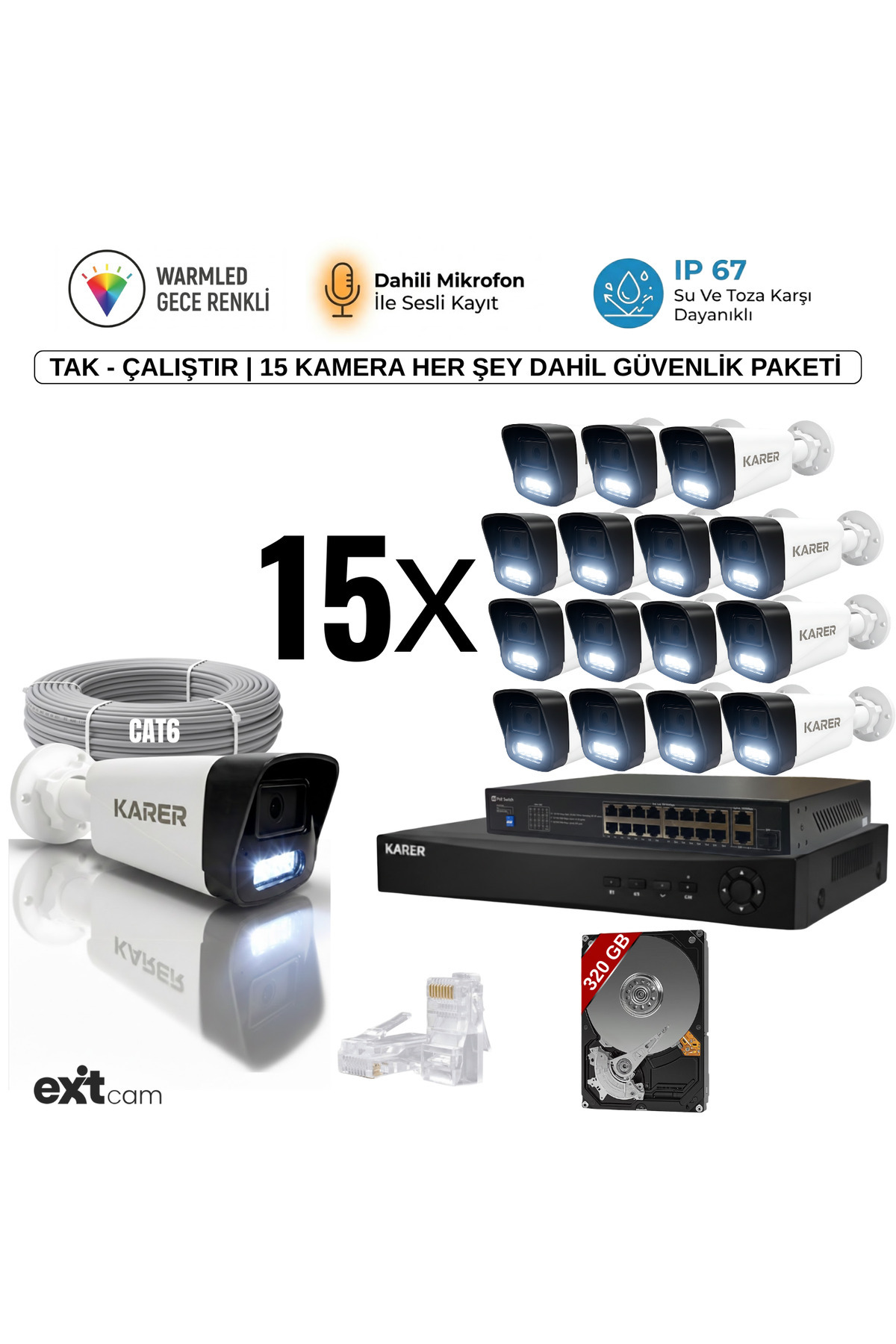 15'li IP KAMERA-POELİ-5MP-ULTRA HD-4K 1920 ÇÖZÜNÜRLÜK-SESLİ-GECE RENKLİ GÖRÜŞ-İNSAN ve PLAKA ALGILAM Görsel 1