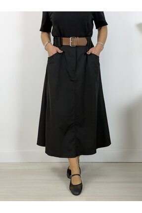SİSTA MODA 9929 Bel Lastikli ve Kemer Aksesuarlı, Cepli, Poplin Etek