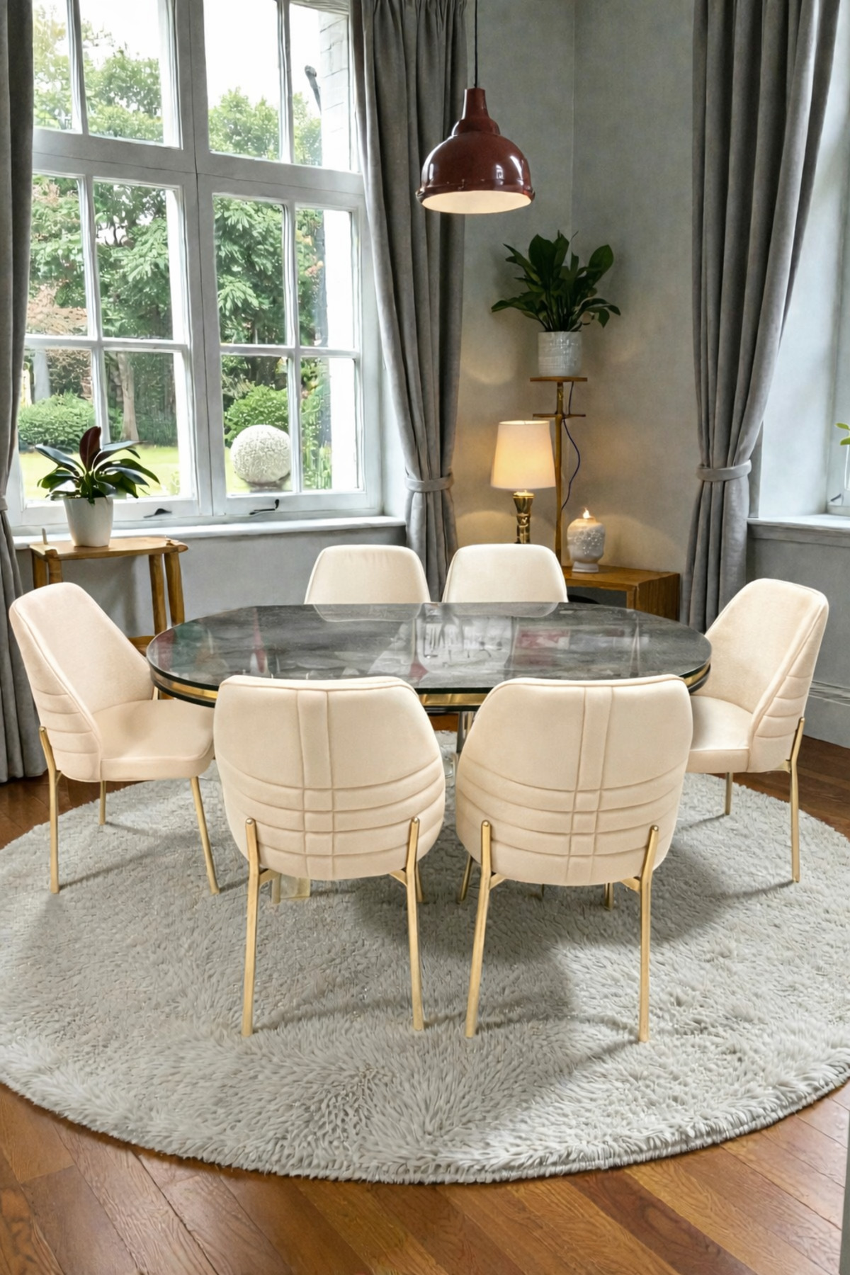 MSY HOME 6 Kişilik Monaco Stil Gold Çizgili Krem Kumaş İroni Oval