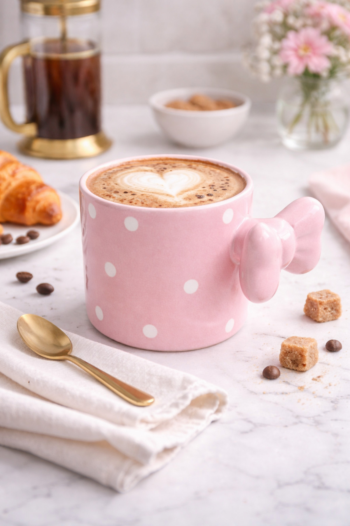Pink Polka Dot Ceramic Coffee Mug with Bow – Design Mug with 3D Handles