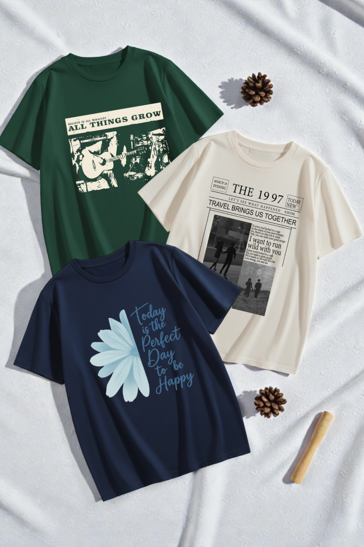 uyguntarz Unisex Karışık Baskılı Tişört Seti, 3’lü Paket Bisiklet Yaka Günlük T-Shirt