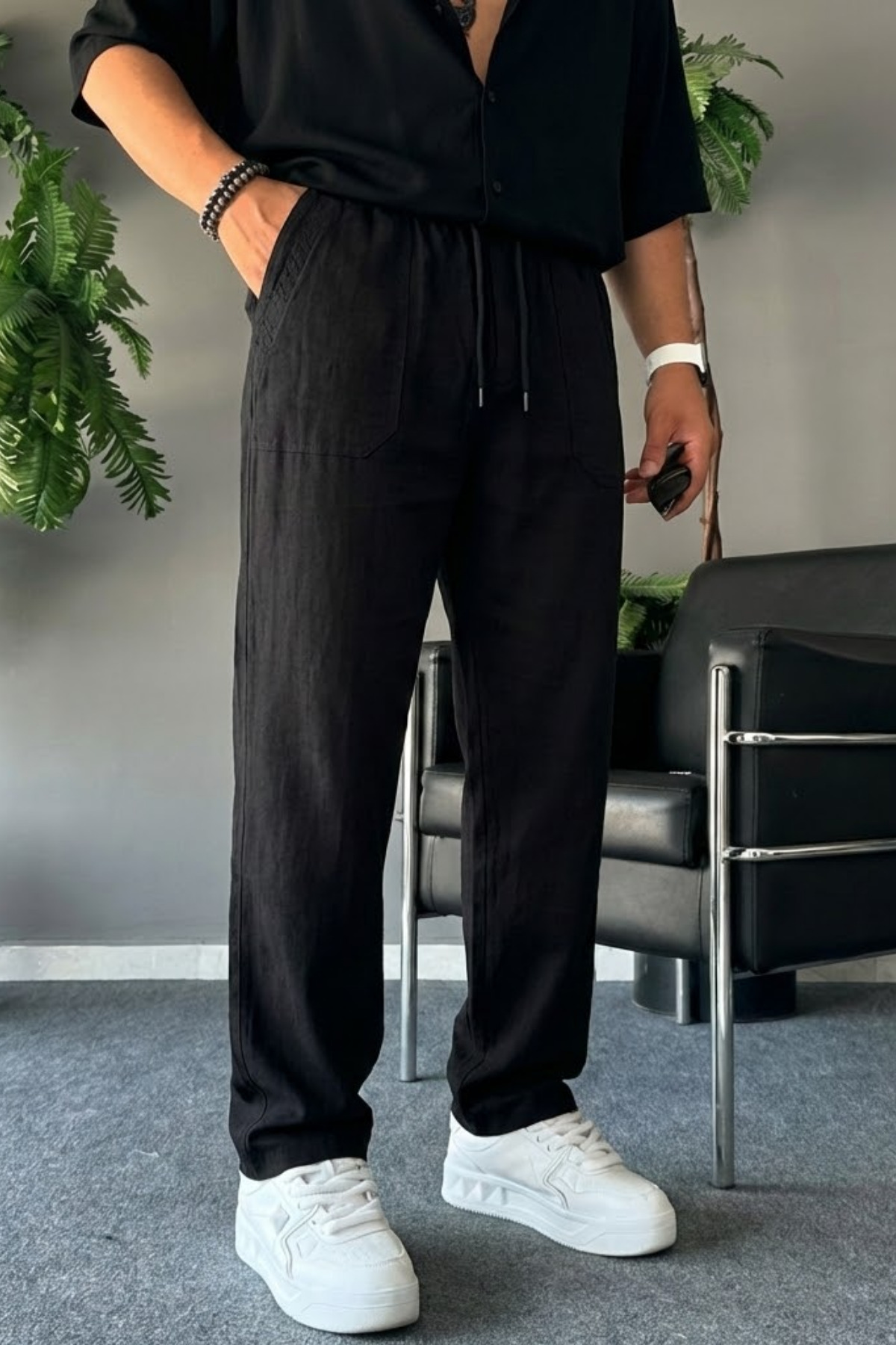 COMBİNE MİCHAİL  Erkek Rahat Yazlık Siyah Bol Keten Pantolon