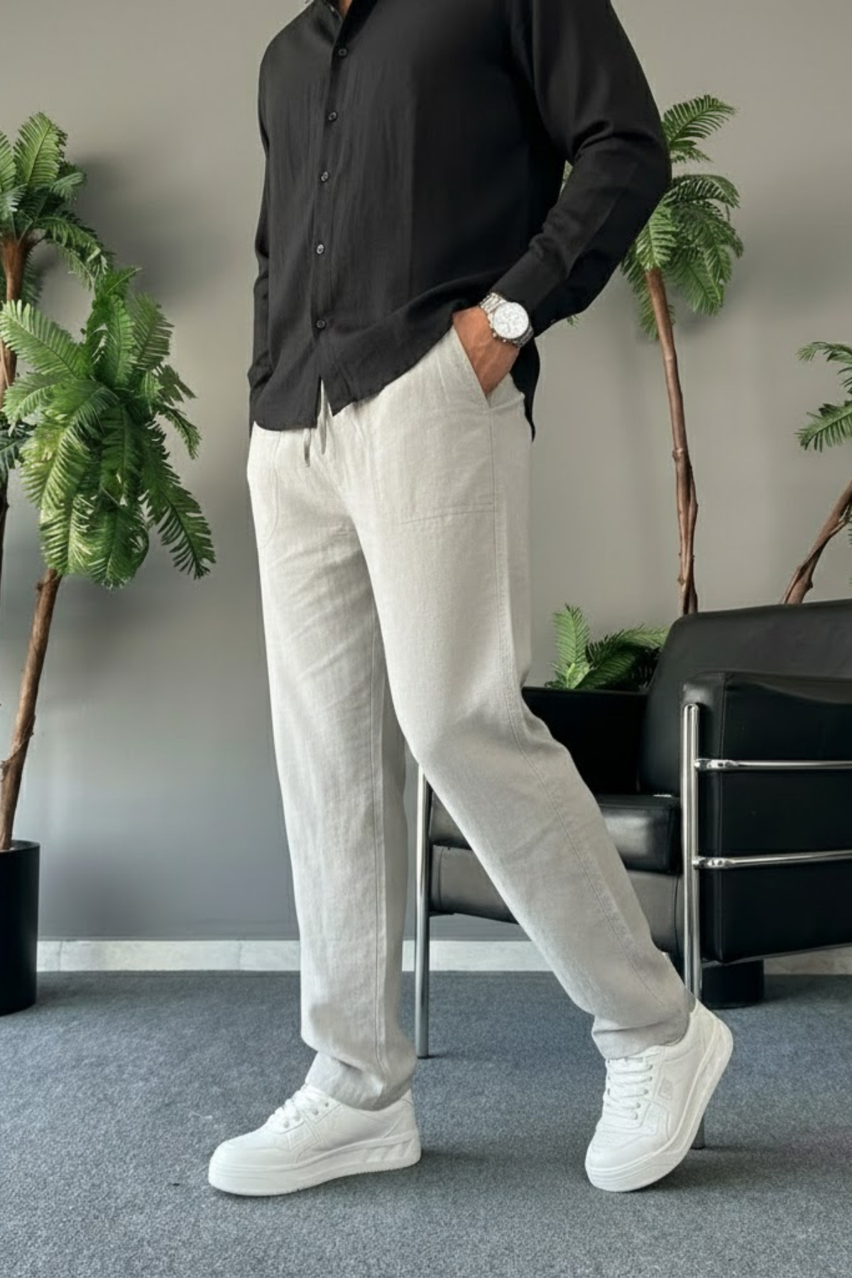 COMBİNE MİCHAİL  Erkek Rahat Yazlık Gri Bol Keten Pantolon - Görsel 4
