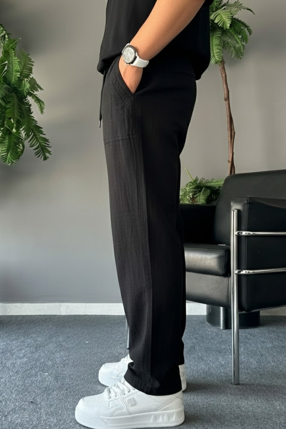 COMBİNE MİCHAİL  Erkek Rahat Yazlık Siyah Bol Keten Pantolon - Görsel 2