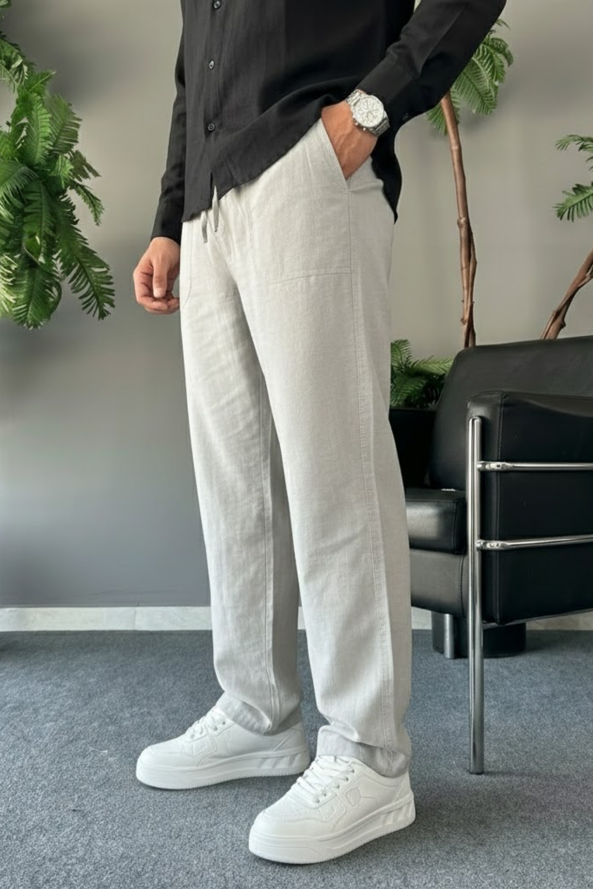 COMBİNE MİCHAİL  Erkek Rahat Yazlık Gri Bol Keten Pantolon - Görsel 2