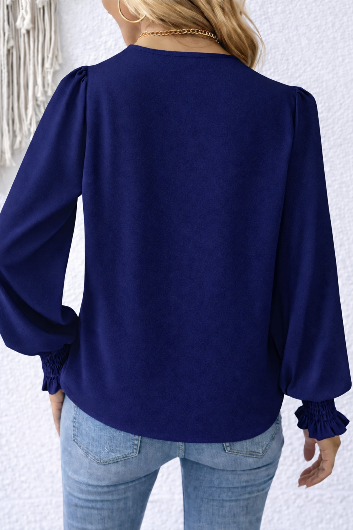deafox  Lacivert V Yaka Önü Çapraz Detay Uzun Kollu Krep Kumaş Bluz - Görsel 2