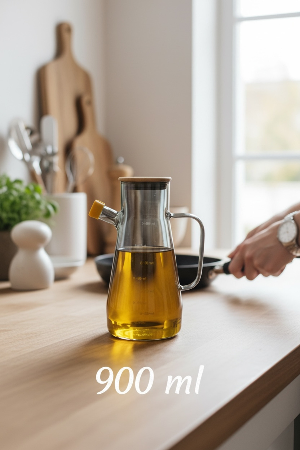 Renkli 900 ml Yağdanlık – Cam Yağ Şişesi, Sızdırmaz Kapaklı Bambu Kapaklı