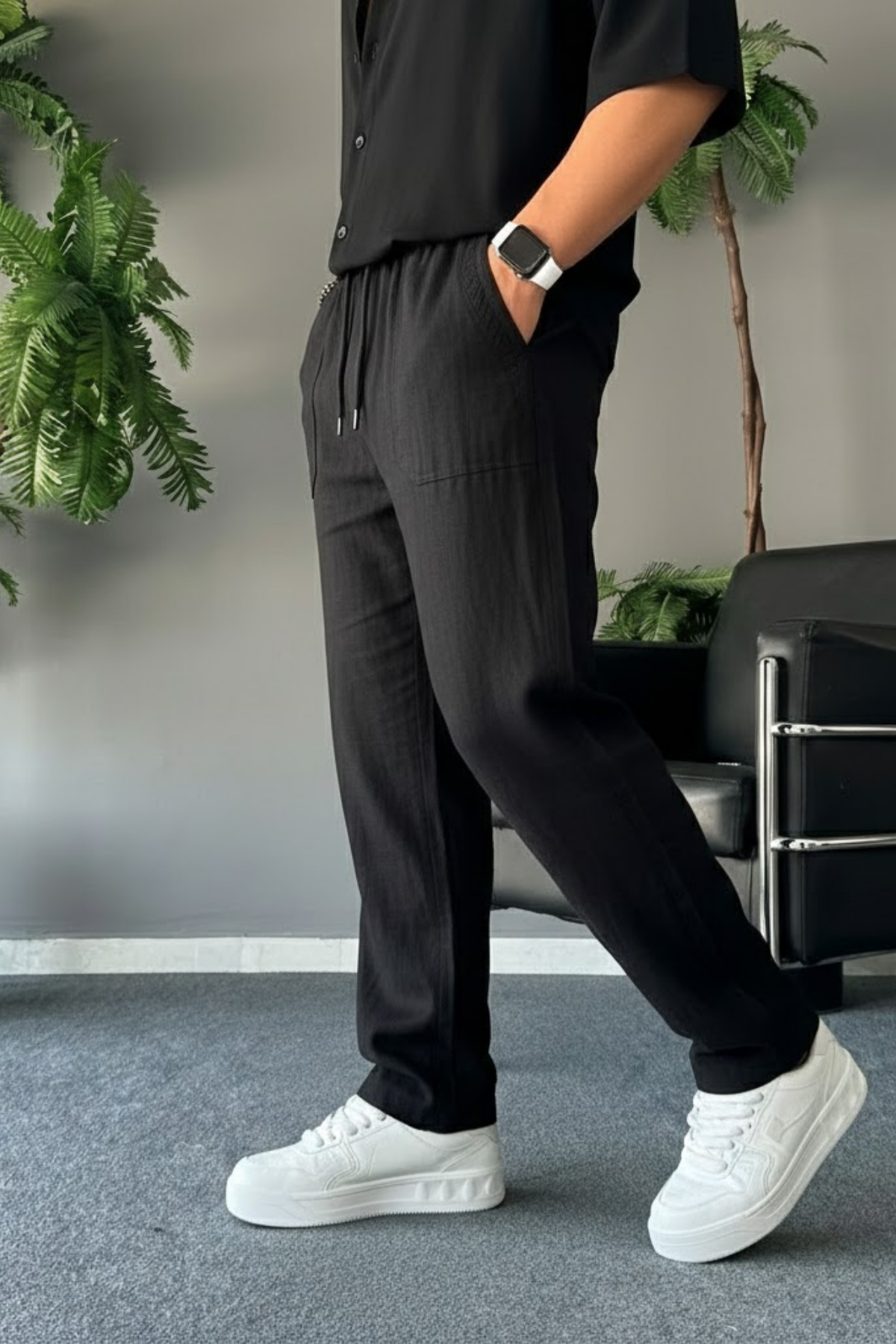 COMBİNE MİCHAİL  Erkek Rahat Yazlık Siyah Bol Keten Pantolon - Görsel 4