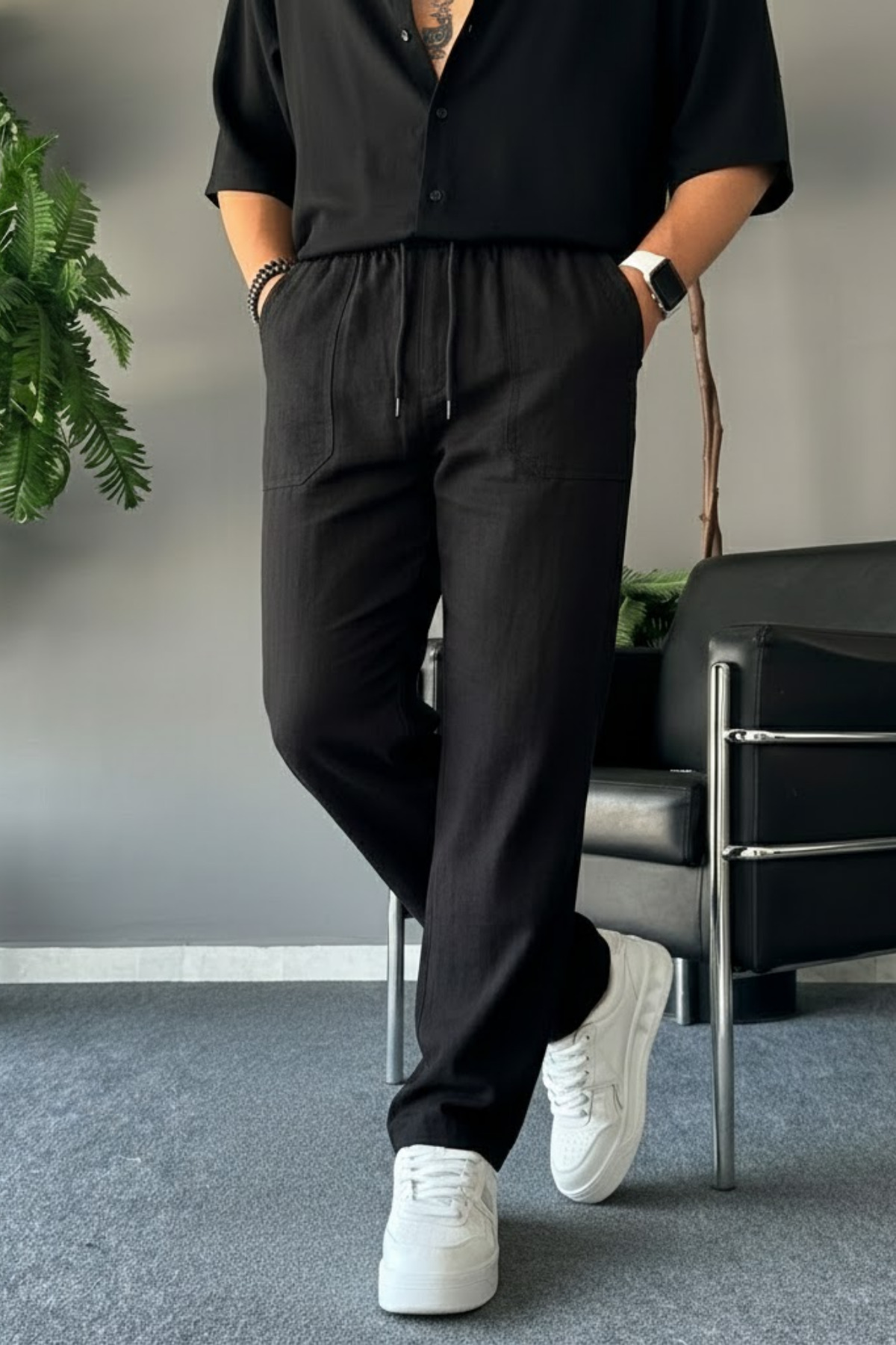 COMBİNE MİCHAİL  Erkek Rahat Yazlık Siyah Bol Keten Pantolon - Görsel 5