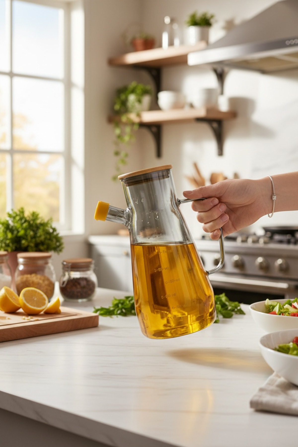 Renkli 900 ml Yağdanlık – Cam Yağ Şişesi, Sızdırmaz Kapaklı Bambu Kapaklı