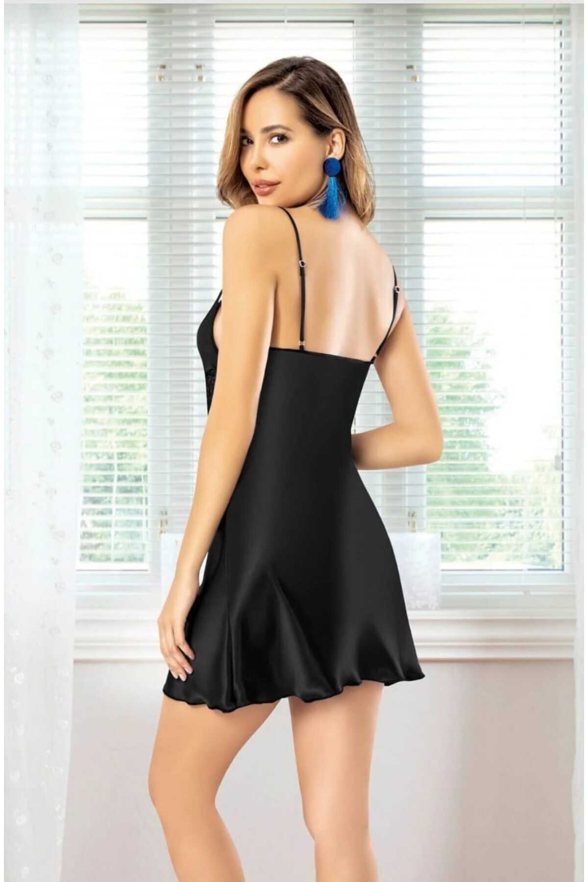 MARİA CALZE Kadın Dantel Detaylı İnce Askılı Şık Saten Gecelik Nightwear