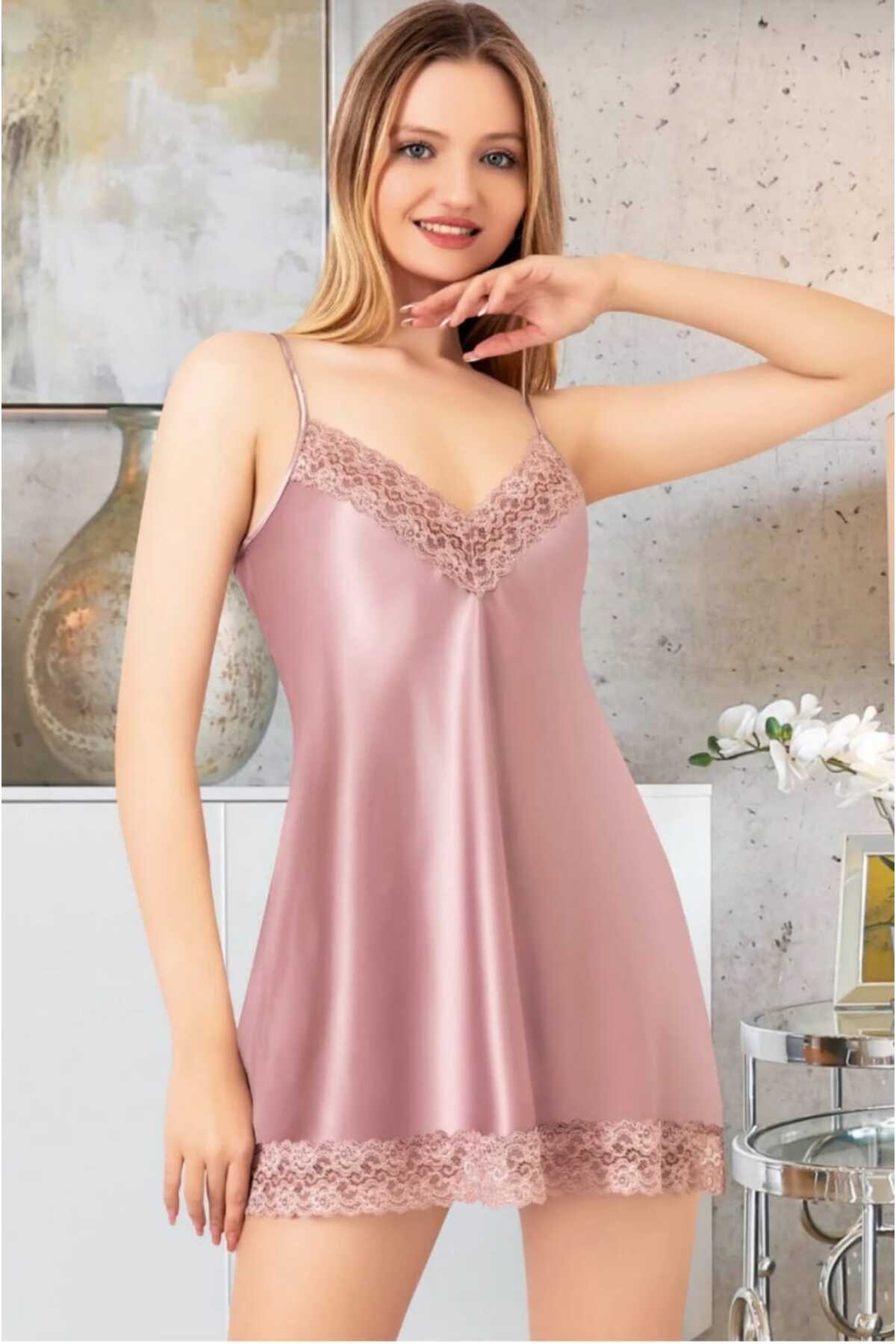 MARİA CALZE Kadın Dantel Detaylı İnce Askılı Şık Saten Gecelik Nightwear