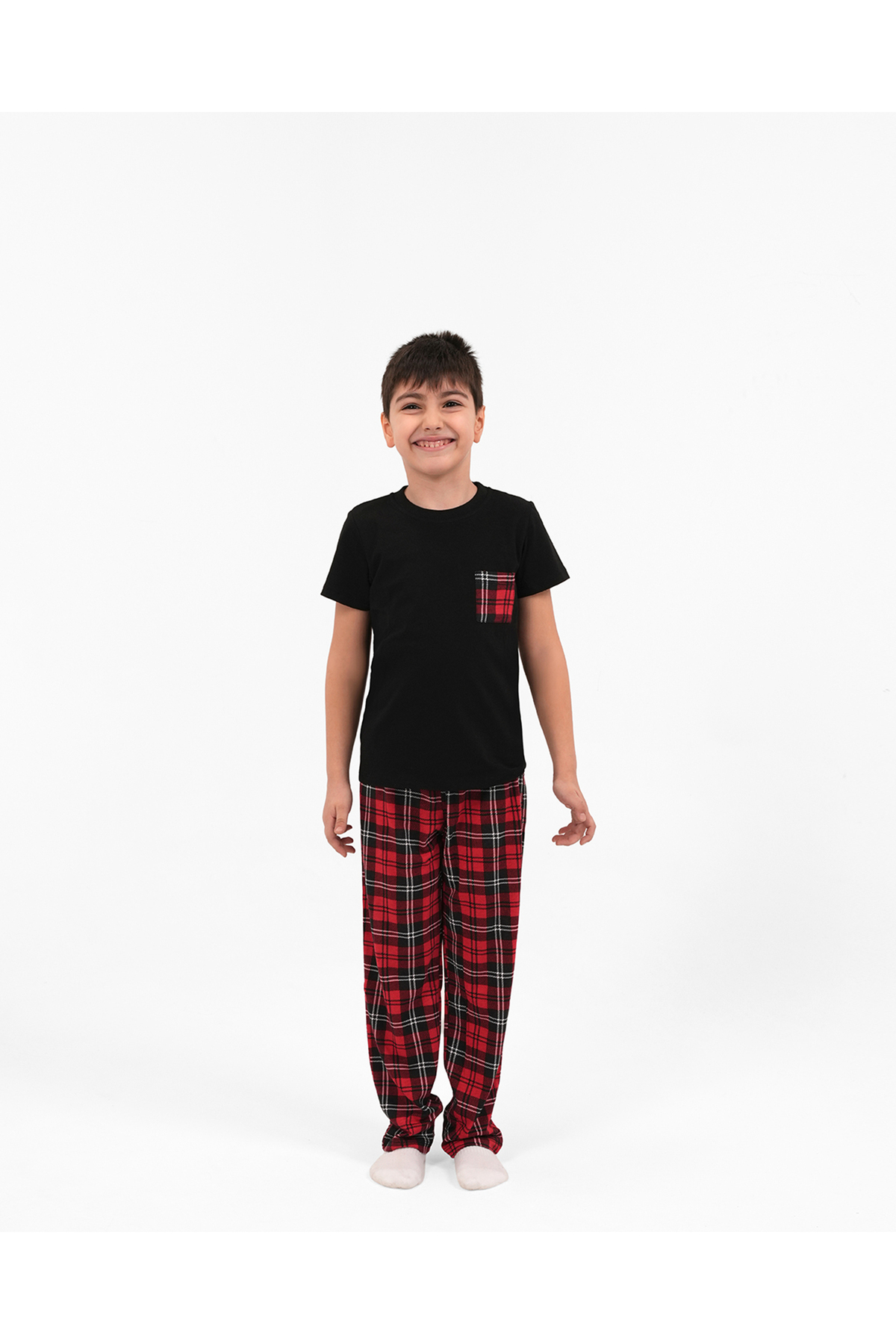 Erkek Pijama Takımı Ekoseli Cep Detaylı Kısa Kol %100 Pamuk 2