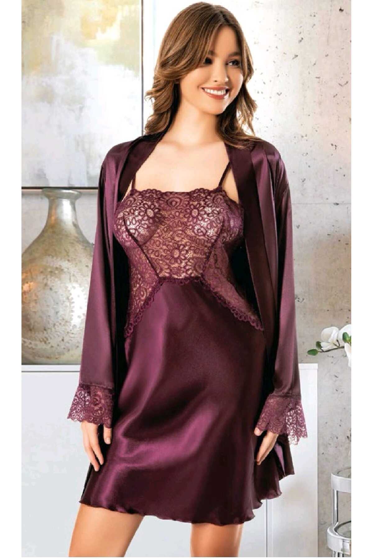 MARİA CALZE Kadın 2'Li Saten Gecelik ve Sabahlık Takımı Dantelli Şık Tasarım
