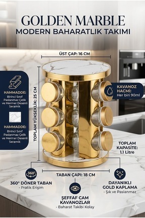 RİVO HOME DECOR Golden Marble 360° Döner Baharatlık Takımı 12’li