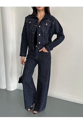 ASEDE Premium Taşlı Collection Cep Detaylı Kuşaklı Denim Ceket Pantolon Kot J...