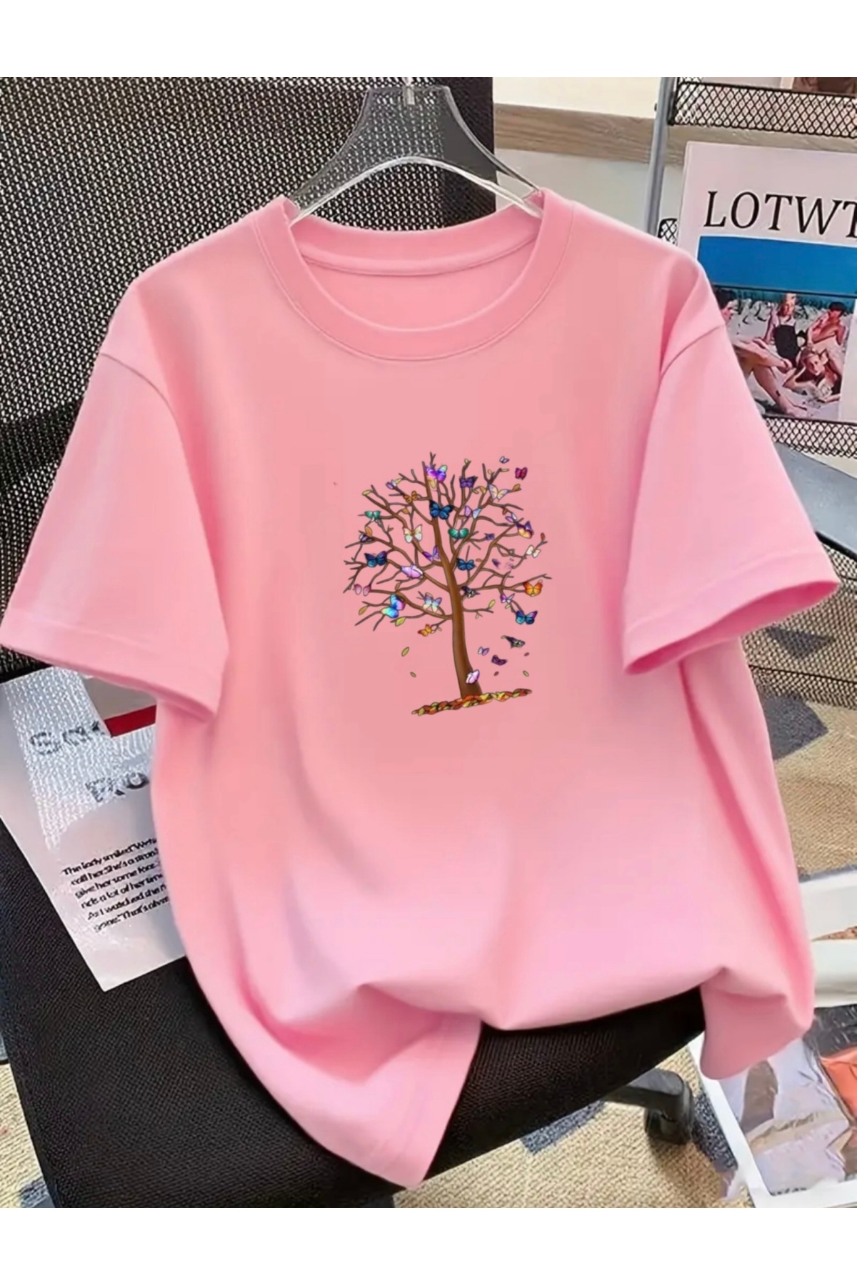 FUFLUNS Μπλουζάκι με στάμπα πεταλούδας και δέντρου, υπερμεγέθες, με λαιμόκοψη...