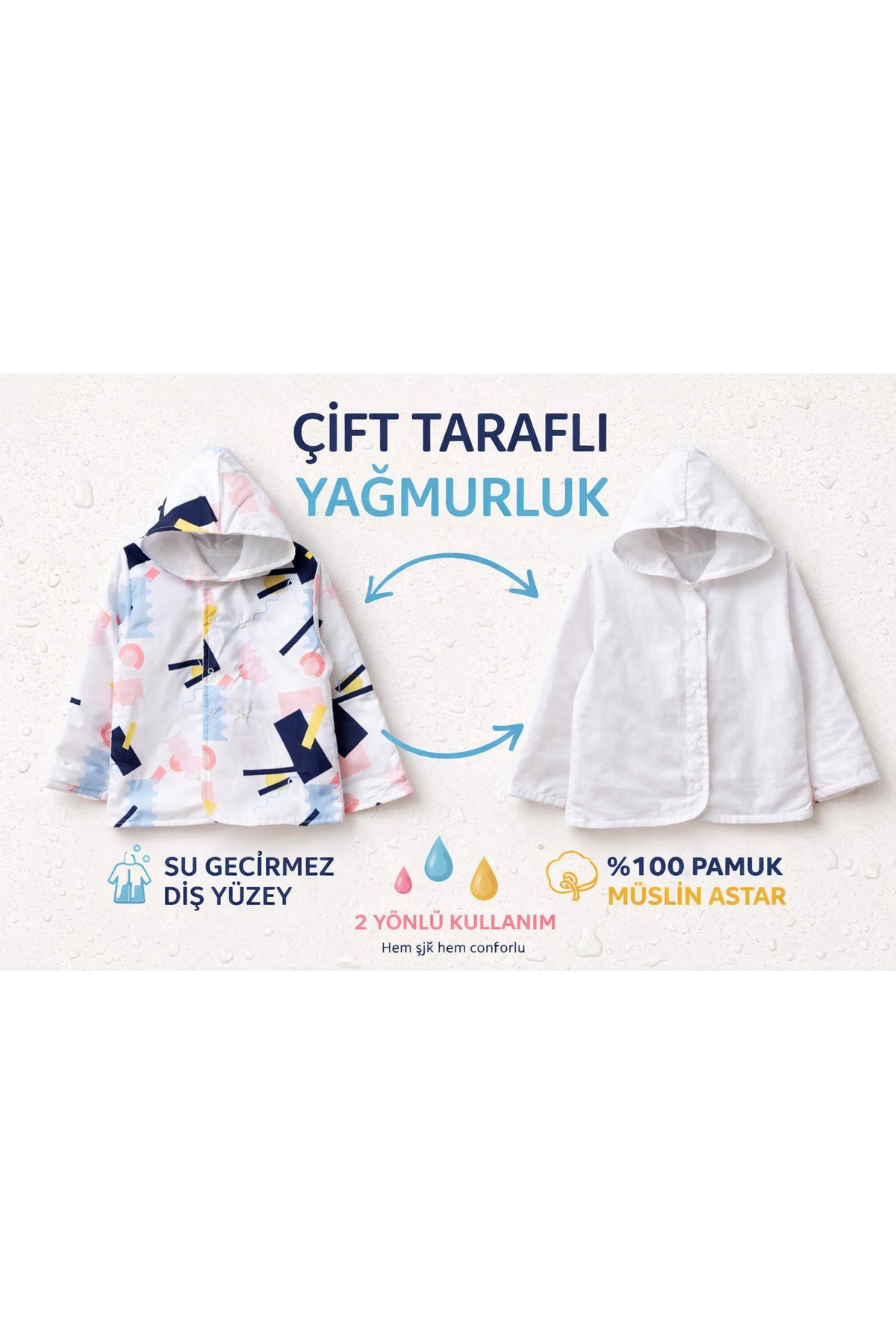 tinibud Terletmeyen Çift Taraflı Erkek Çocuk Yağmurluk 2-5 Yaş %100 Pamuk Müslin Astarlı fotoğrafı 7 (önizleme)