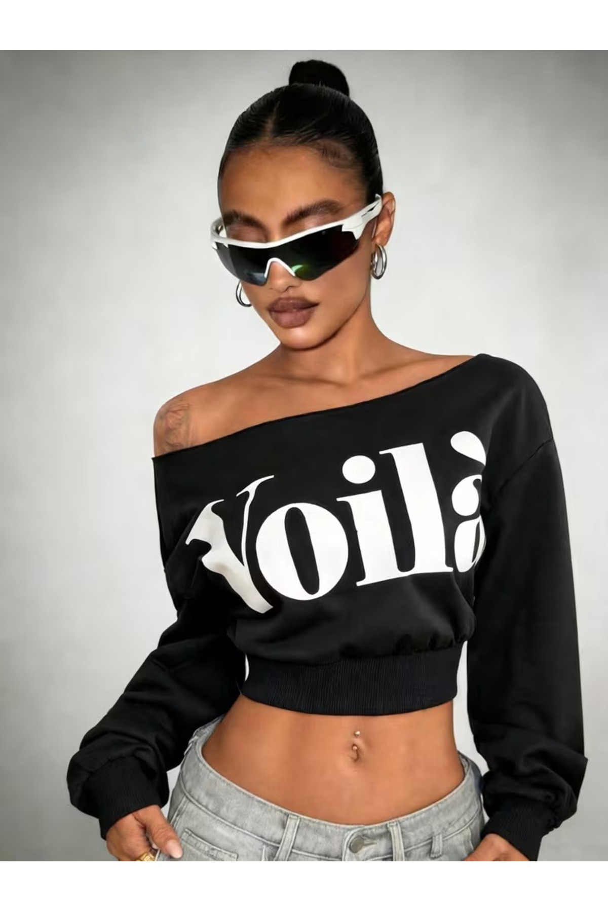 Women's Voila Printed Crop Boat Neck Sweatshirt