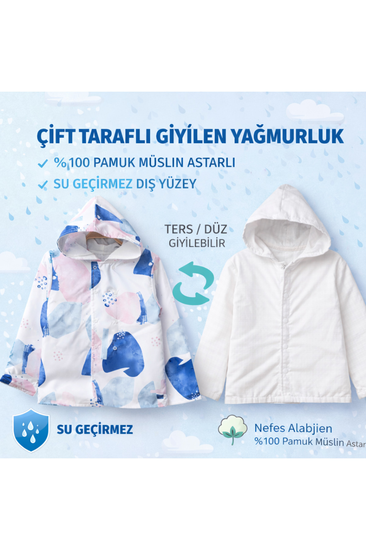 tinibud Terletmeyen Çift Taraflı Erkek Çocuk Yağmurluk 2-5 Yaş %100 Pamuk Müslin Astarlı fotoğrafı 6 (önizleme)