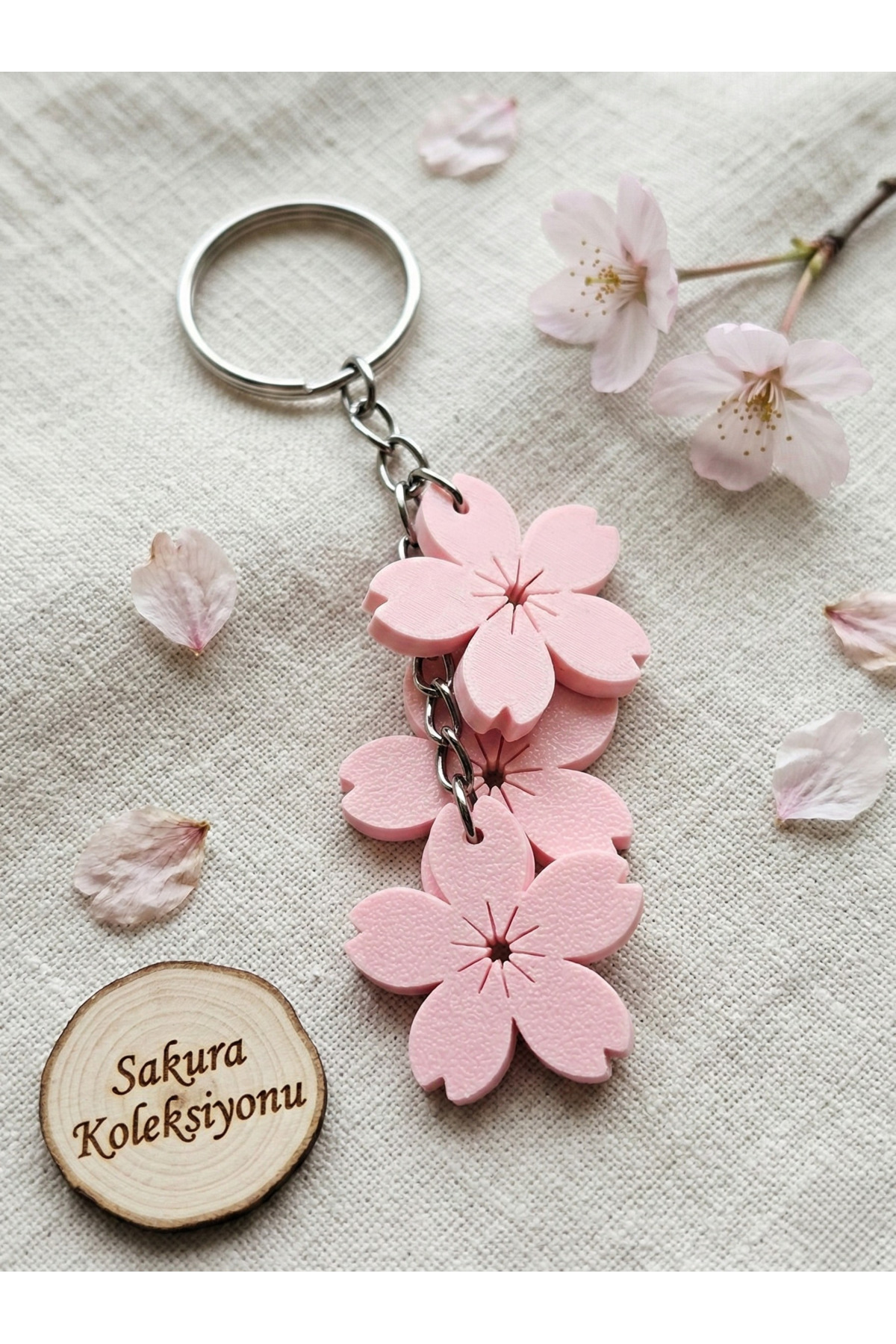 MidoriWorks Sakura Kiraz Çiçeği Anahtarlık - 3D Pembe Çiçekli